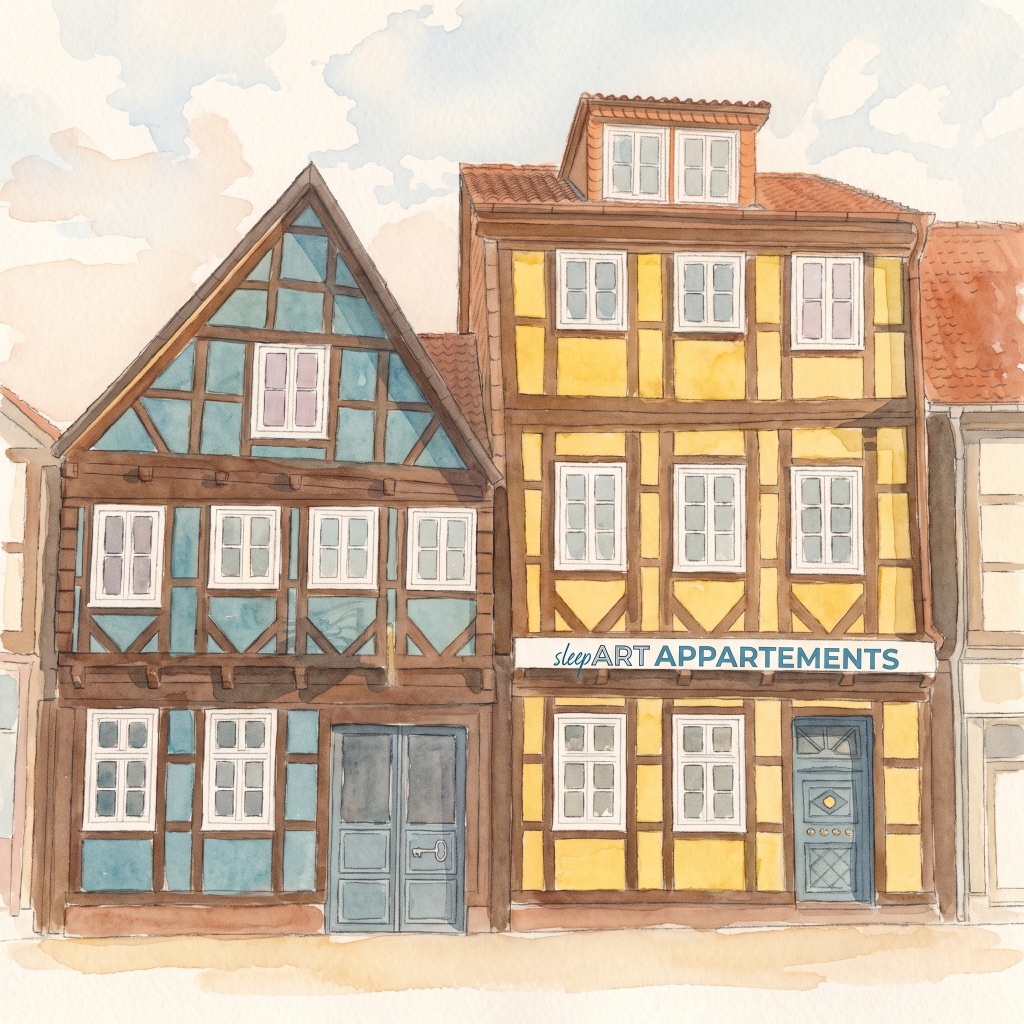 sleepArt Apartmenthotel · Aquarell der Fachwerkfassade am Nordwall in Celle